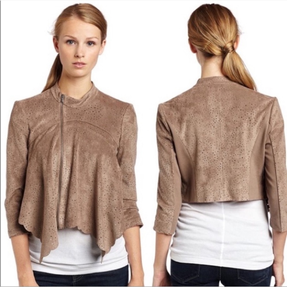 BCBG Max Azria Bri perforated faux suede jacket in a mocha or taupe color
